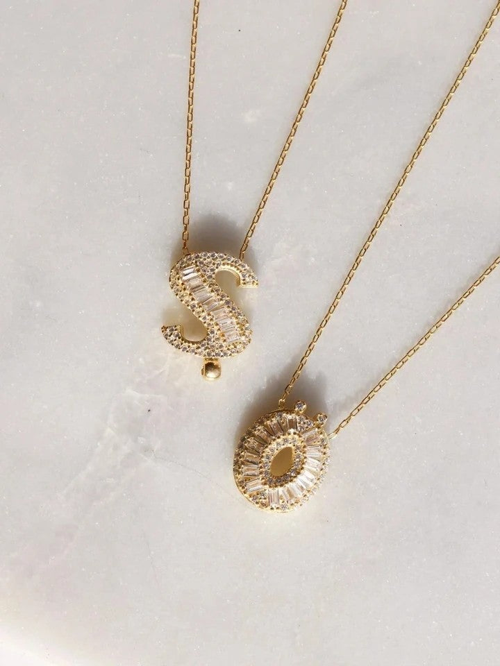 Baguette Stone Letter Necklace 925 Silver