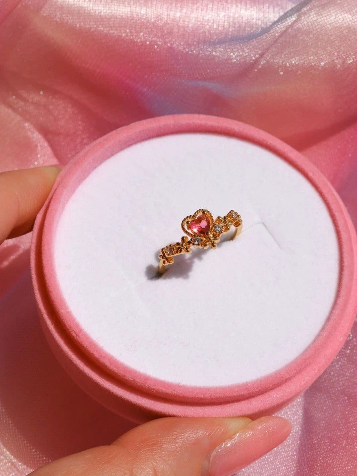 Minimal Flower Tiara With Heart Yüzük