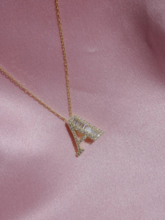 Baguette Stone Letter Necklace 925 Silver