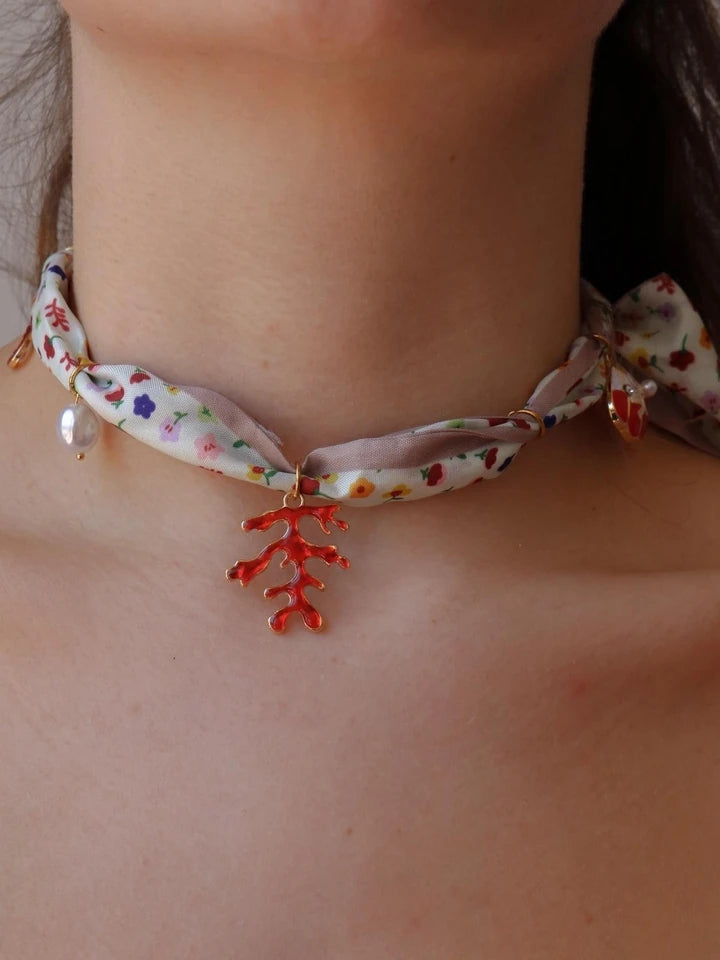Red Coral Scarf Steel Charm Necklace
