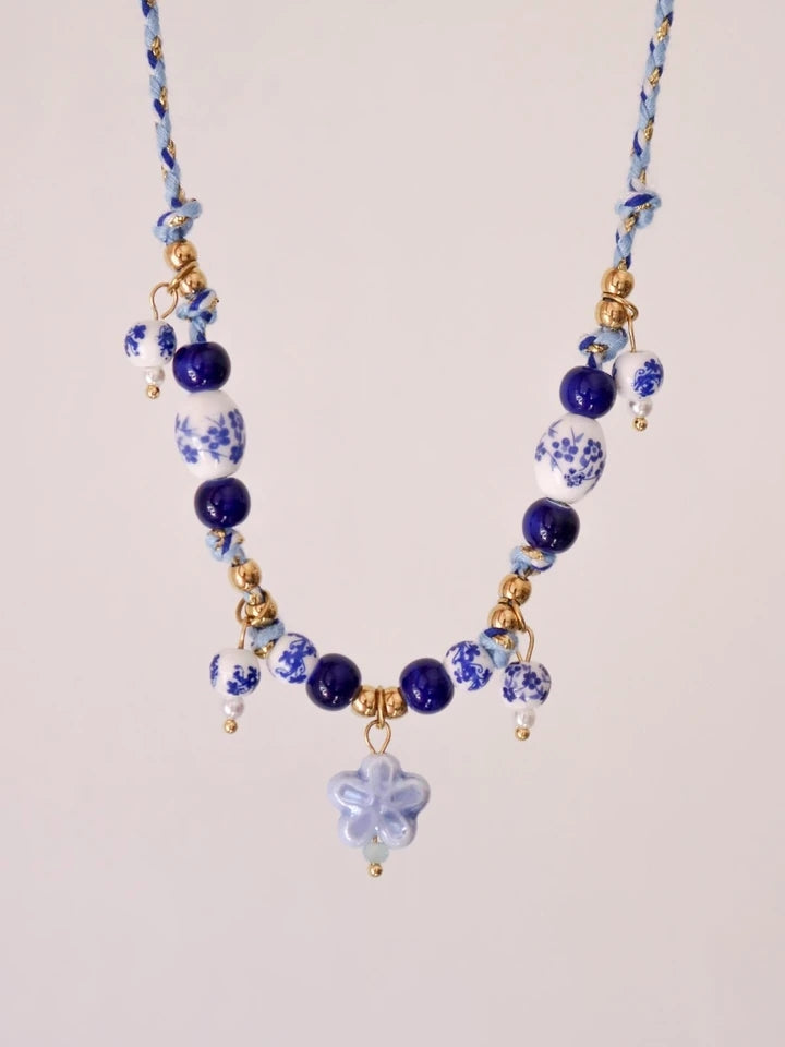 Porcelain Bead Macrame Steel Necklace