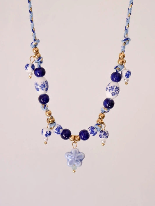 Porcelain Bead Macrame Steel Necklace