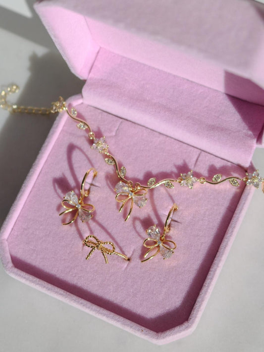 White Ribbon Garden Bracelet, Earrings, Ring Set