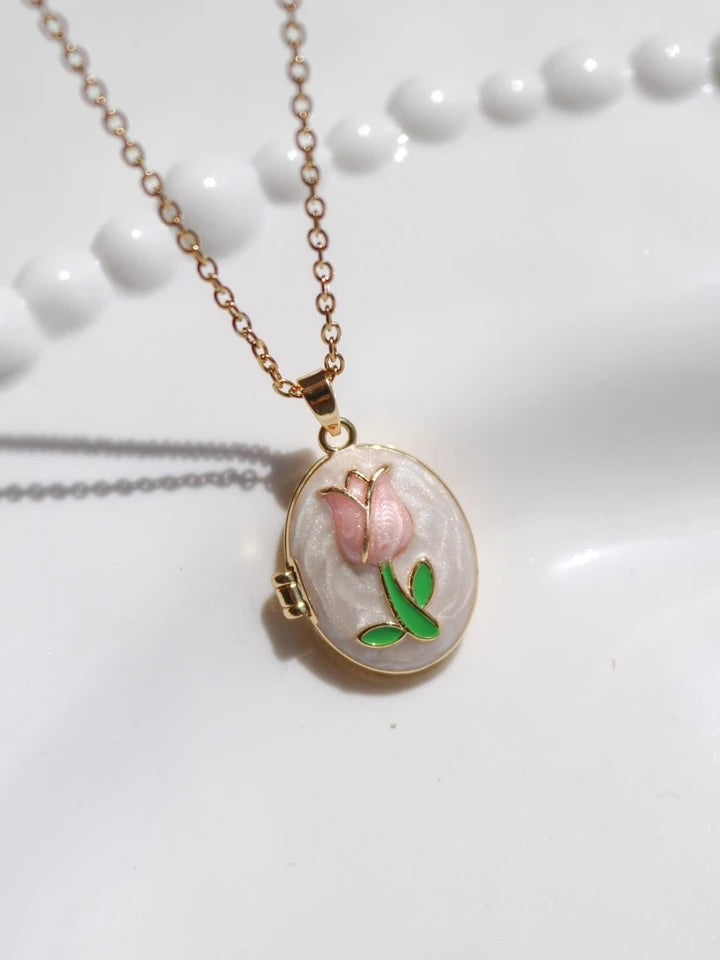 Tulip Flower Personalized Photo Steel Necklace