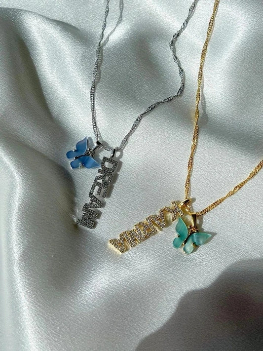 Vertical Name Necklace With Butterfly