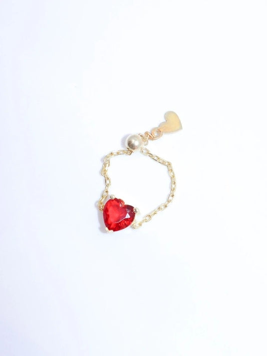 Heart Chain Ring Red 925 Sterling Silver