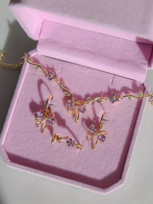 Lilac Ribbon Garden Bracelet, Earrings, Ring Set