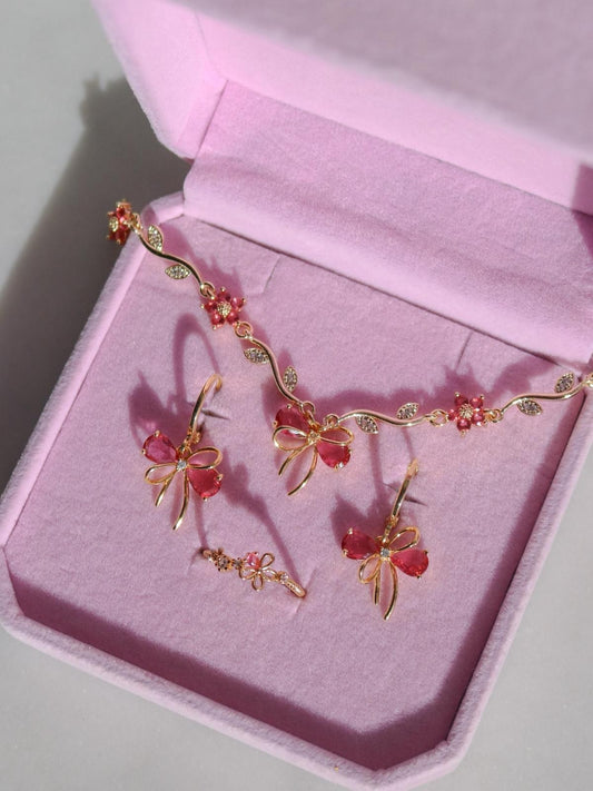 Dark Pink Ribbon Garden Bracelet, Earrings, Ring Set