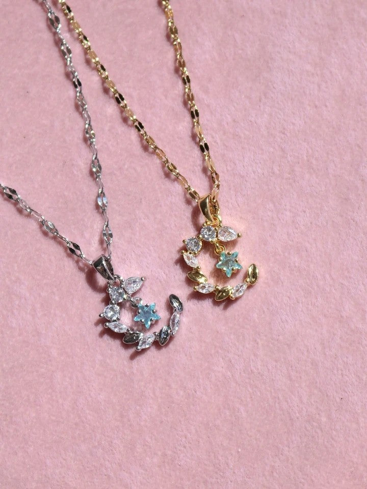 Moon And Blue Star Steel Necklace
