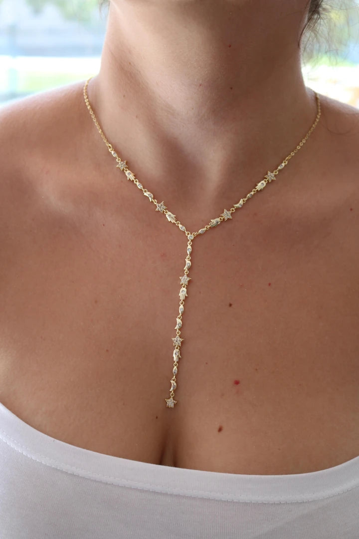 White Fatima's Starry Hand Y Necklace