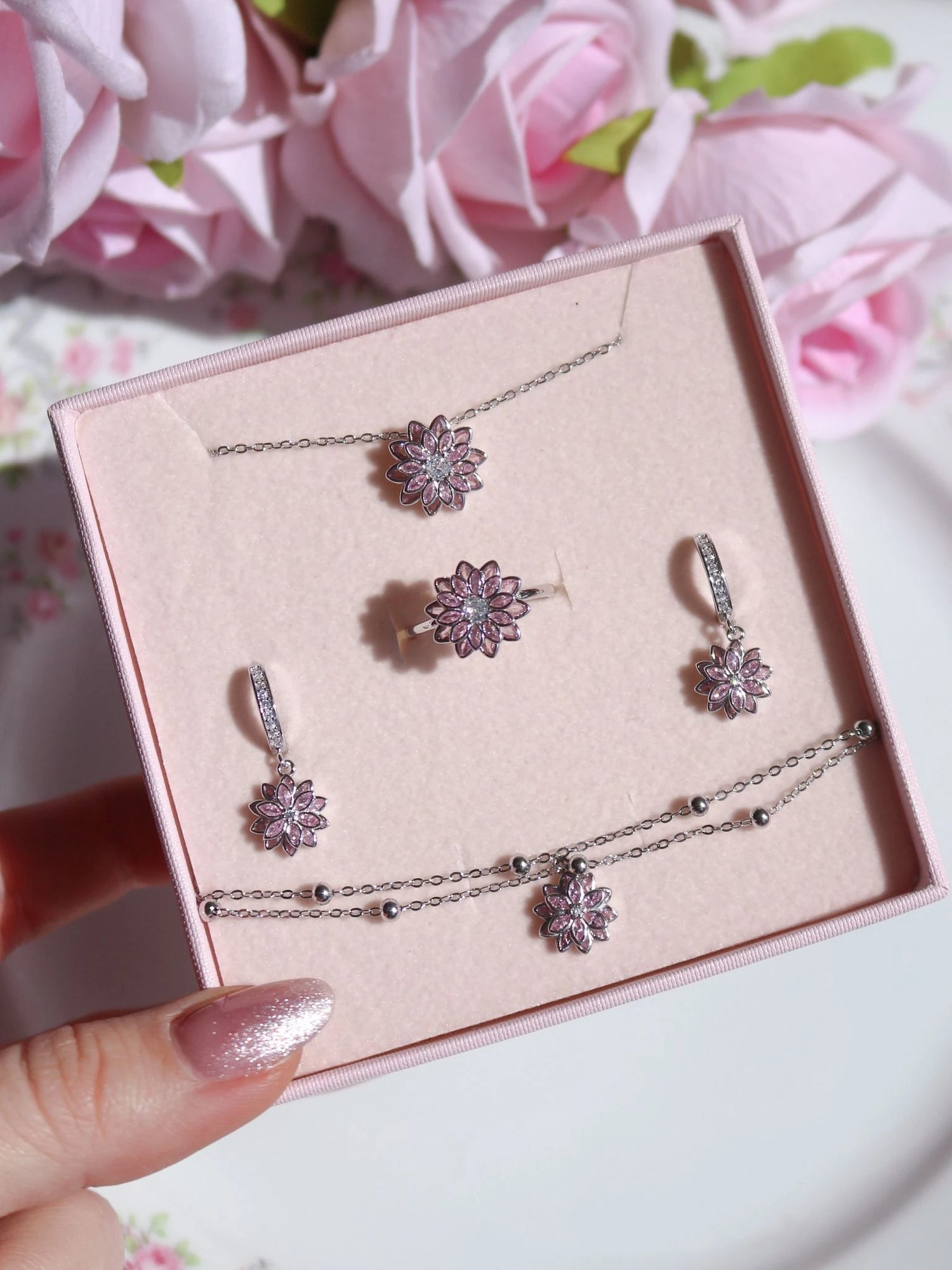 Blossom of Eden Earrings, Necklace, Bracelet and Ring Set, 925 Sterling Silver