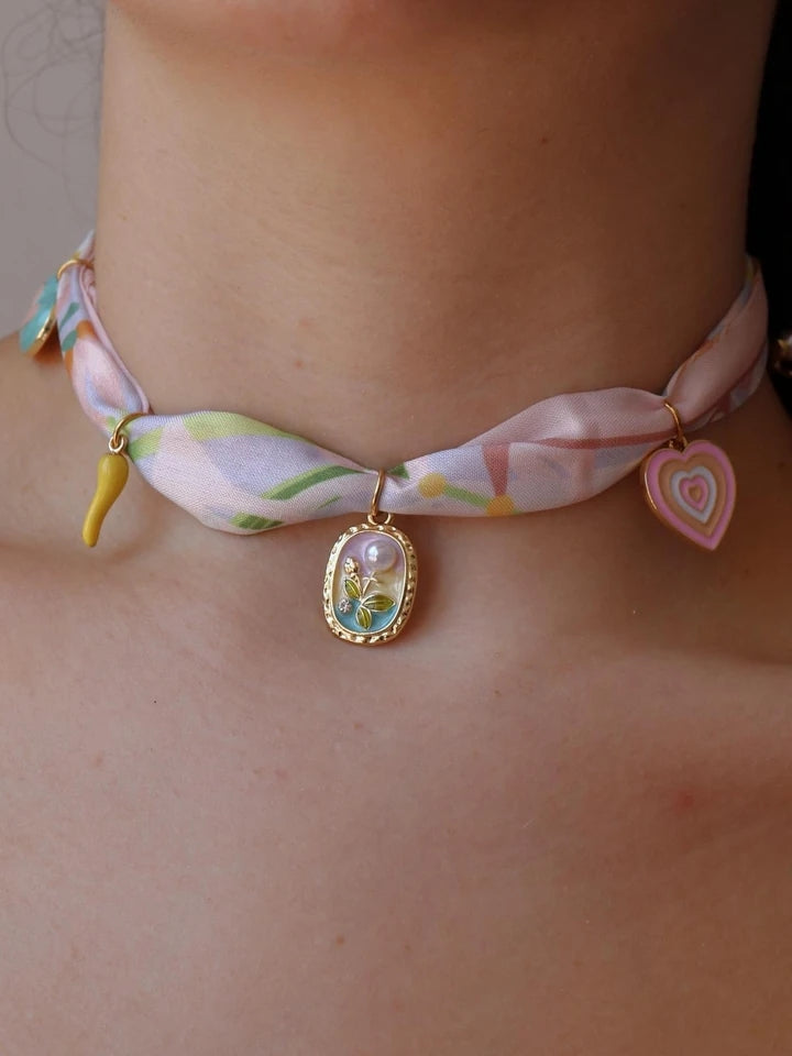 Pink Flower Scarf Steel Charm Necklace
