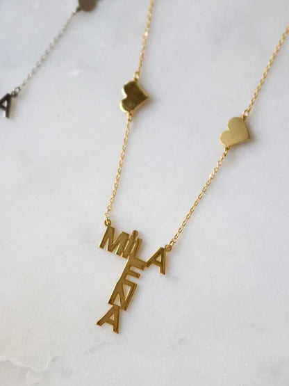 925 Silver Necklace With Two Names And Hearts