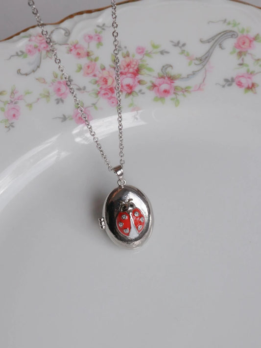 Silver Youre My Luck Ladybug Personalized Photo Locket Necklace