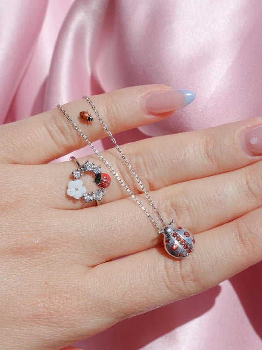 Ladybug 925 Silver Necklace Ring Set
