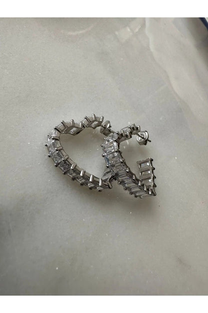 Baguette Zircon Stone Heart 925 Silver Stud Earrings - Silver
