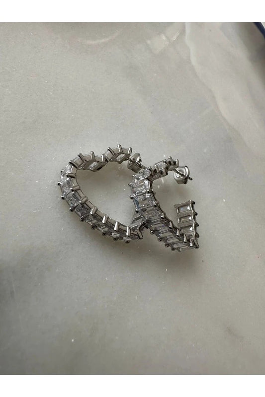 Baguette Zircon Stone Heart 925 Silver Stud Earrings - Silver