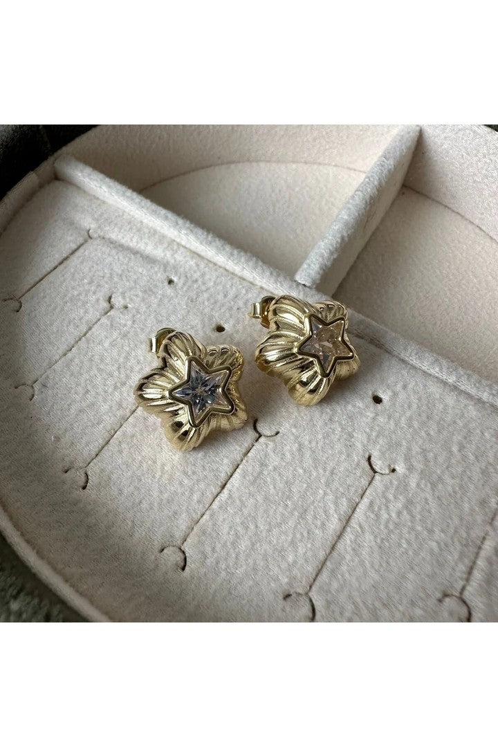 Zircon Stone Star Bombe Gold Plated 925 Silver Earrings