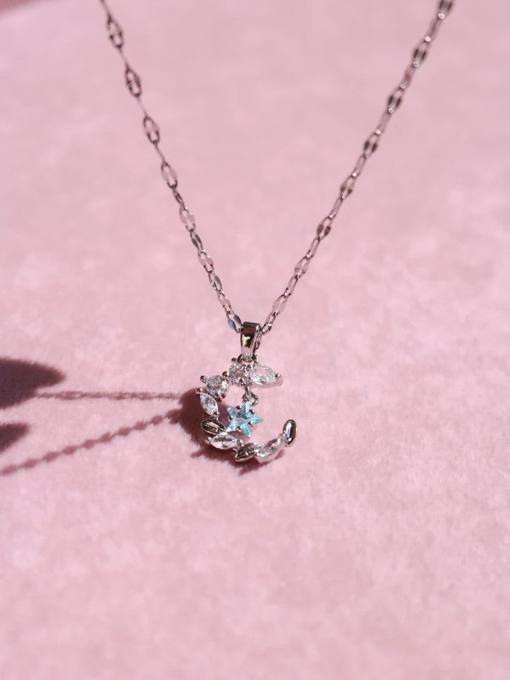 Moon And Blue Star Steel Necklace