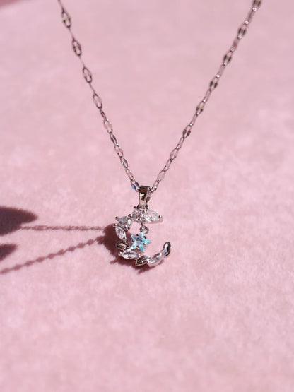 Moon And Blue Star Steel Necklace