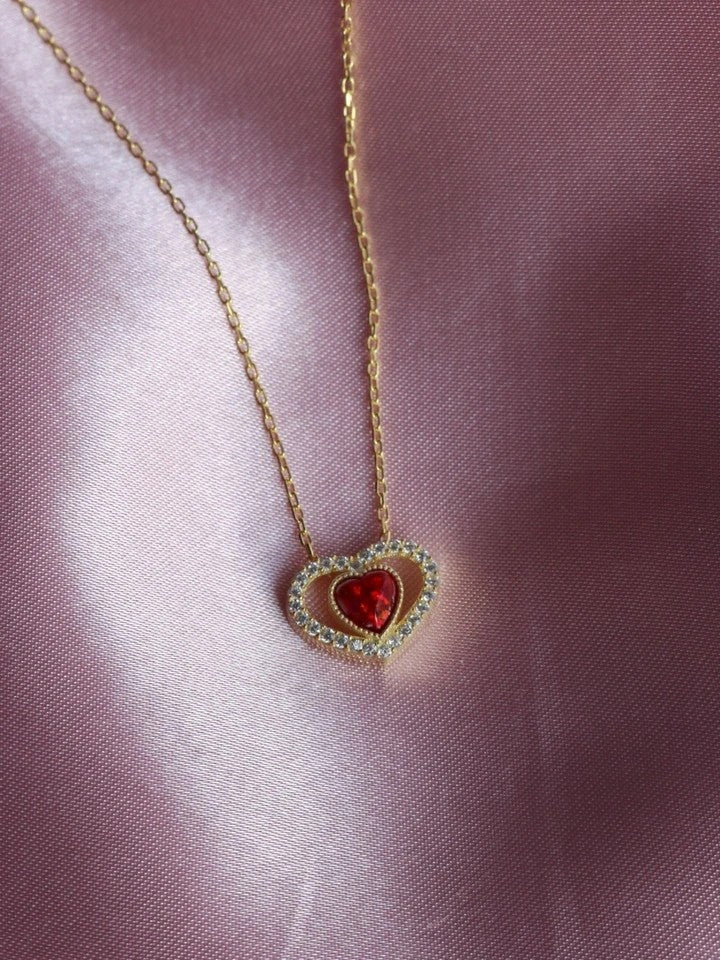 Red Opal Stone Heart Necklace 925 Silver