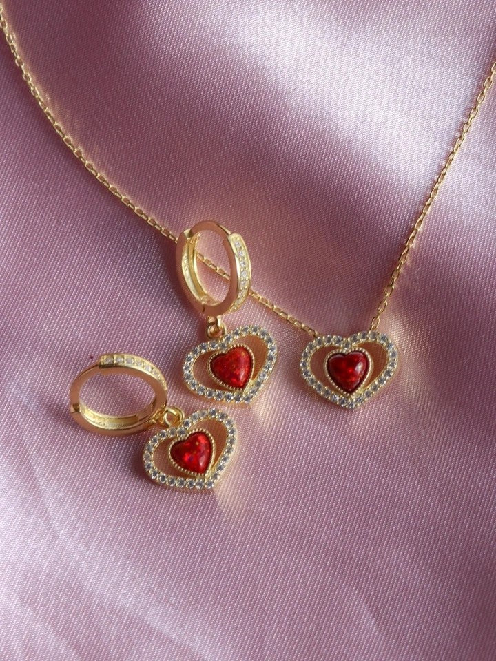 Red Opal Stone Heart Earrings 925 Silver