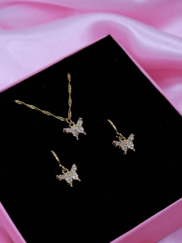 Minimal Zircon Butterfly Necklace Earring Set