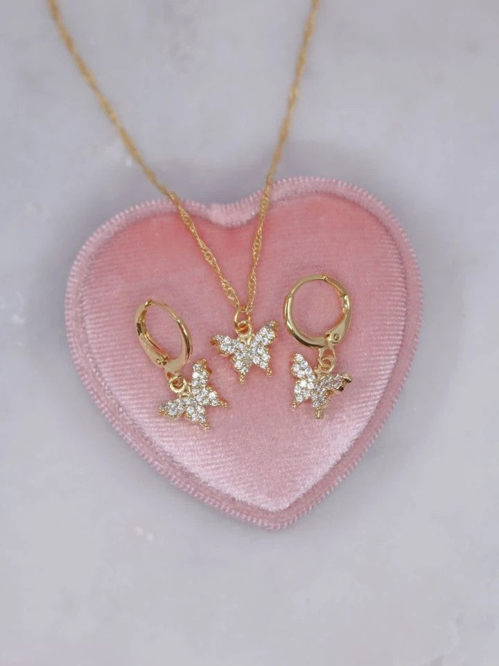 Minimal Zircon Butterfly Necklace Earring Set