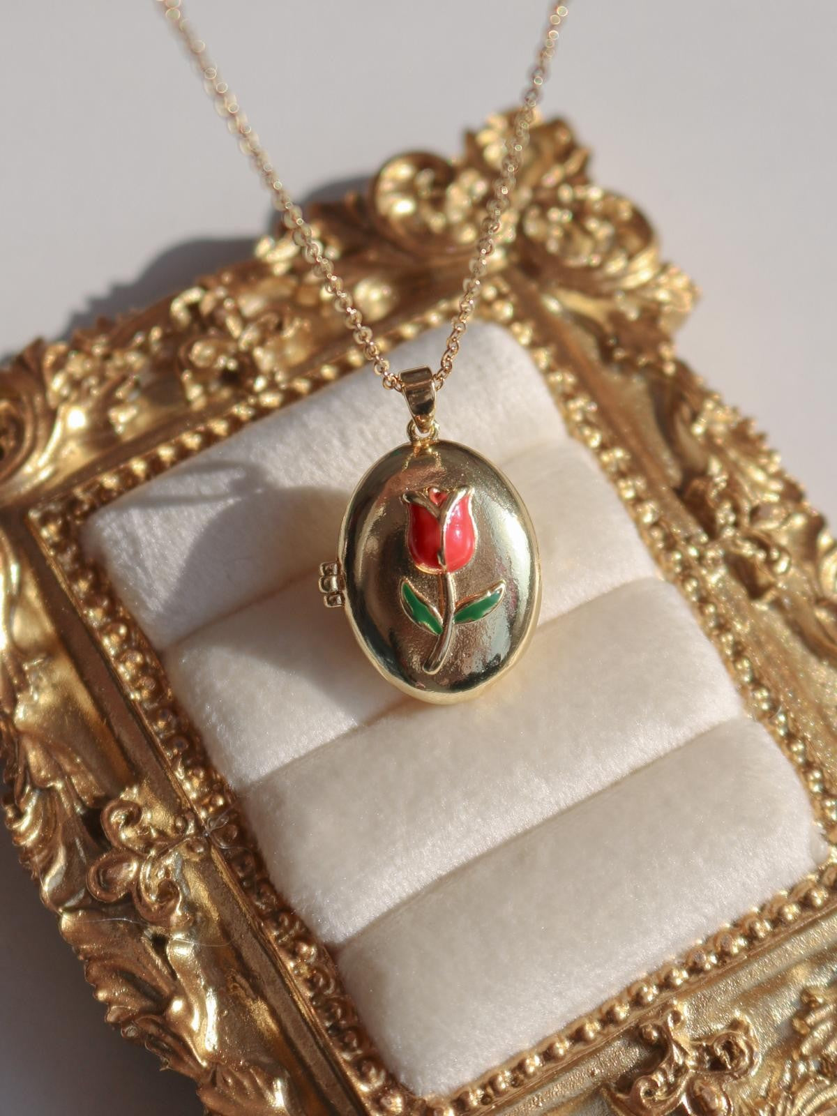 Golden Red Tulip Locket Necklace