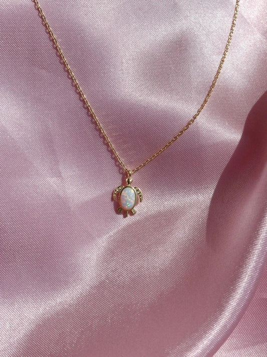 Minimal Turtle Opal Stone 925 Silver Necklace