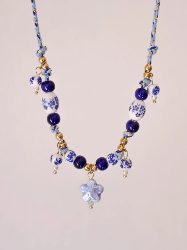 Porcelain Bead Macrame Steel Necklace