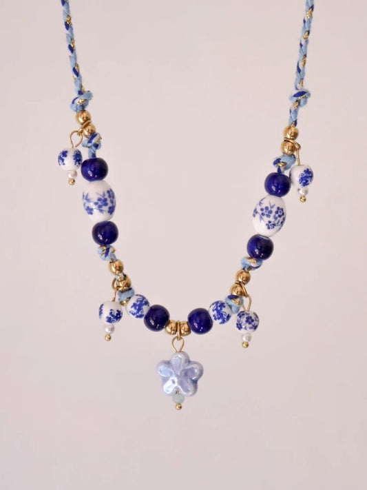 Porcelain Bead Macrame Steel Necklace