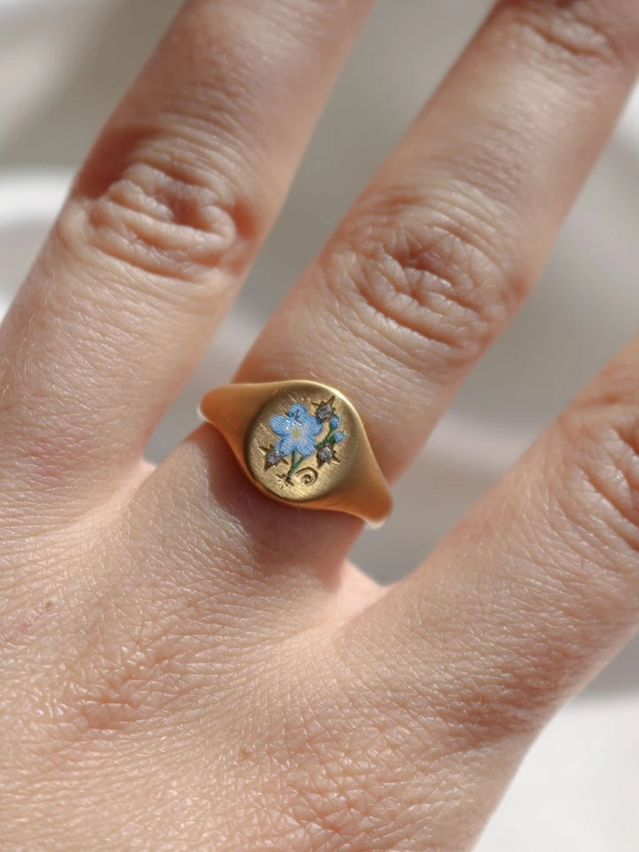 Vintage Blue Flower Steel Ring