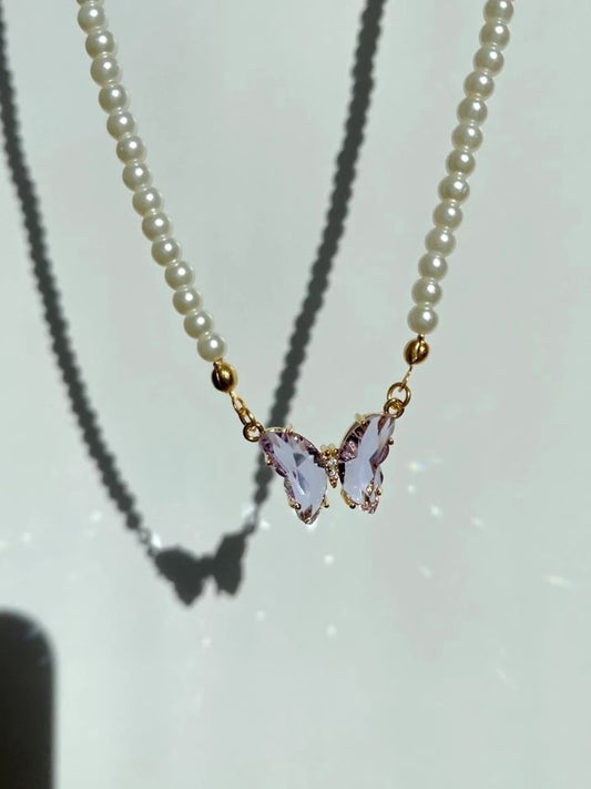 Fairy Glass Pearl Butterfly Necklace