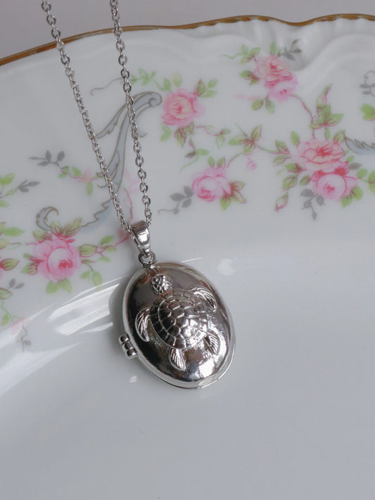 Silver Sea Turtle Personalized Photo Locket Necklace