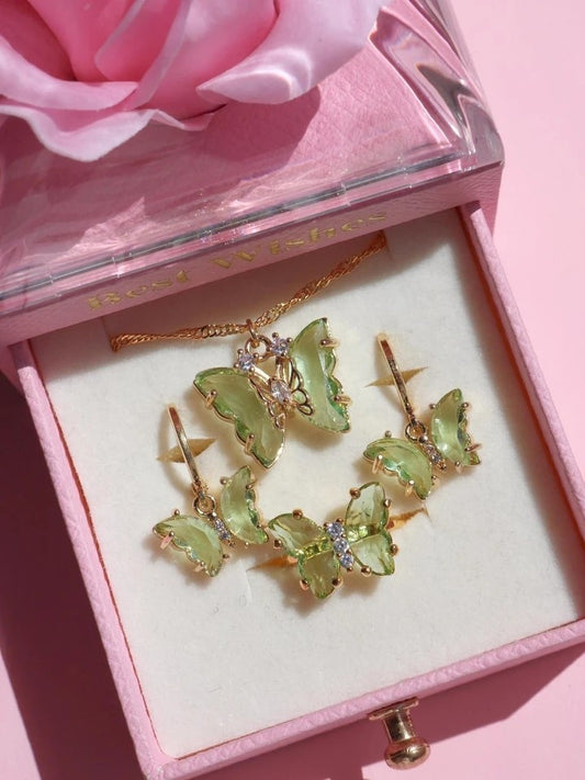 Green Light Butterfly Necklace Earring Ring Set
