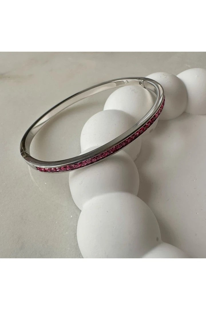 Fine Zircon Stone Pink Steel Cuff Bracelet - Silver