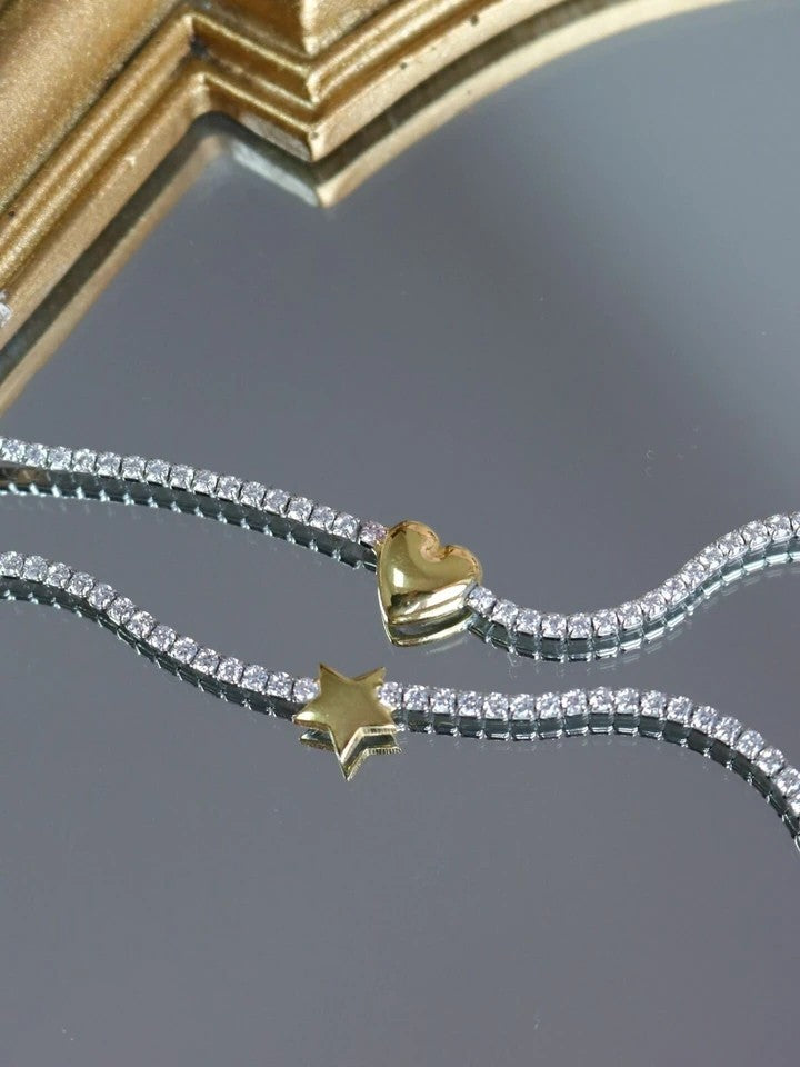 Minimal Zircon Stone Heart And Star 925 Silver Bracelet