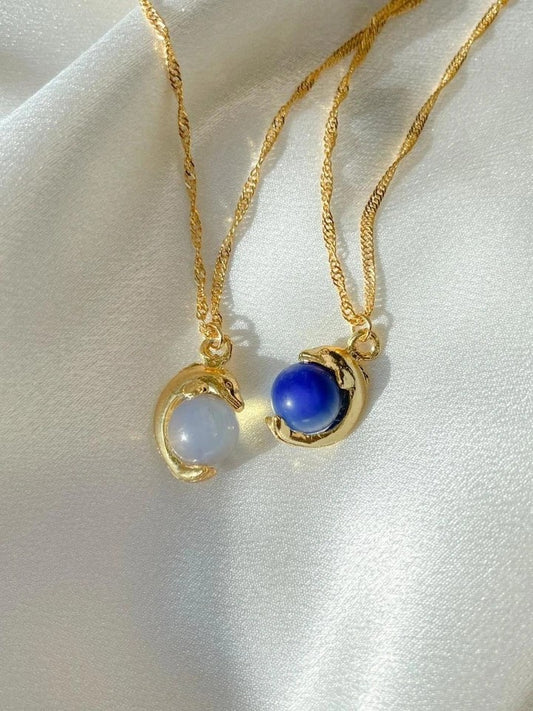 Moonstone Dolphin And Hand Motif Necklace