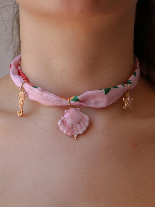 Pink Summer Scarf Steel Charm Necklace