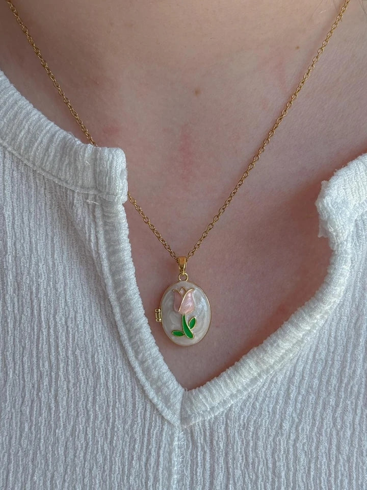 Tulip Flower Personalized Photo Steel Necklace