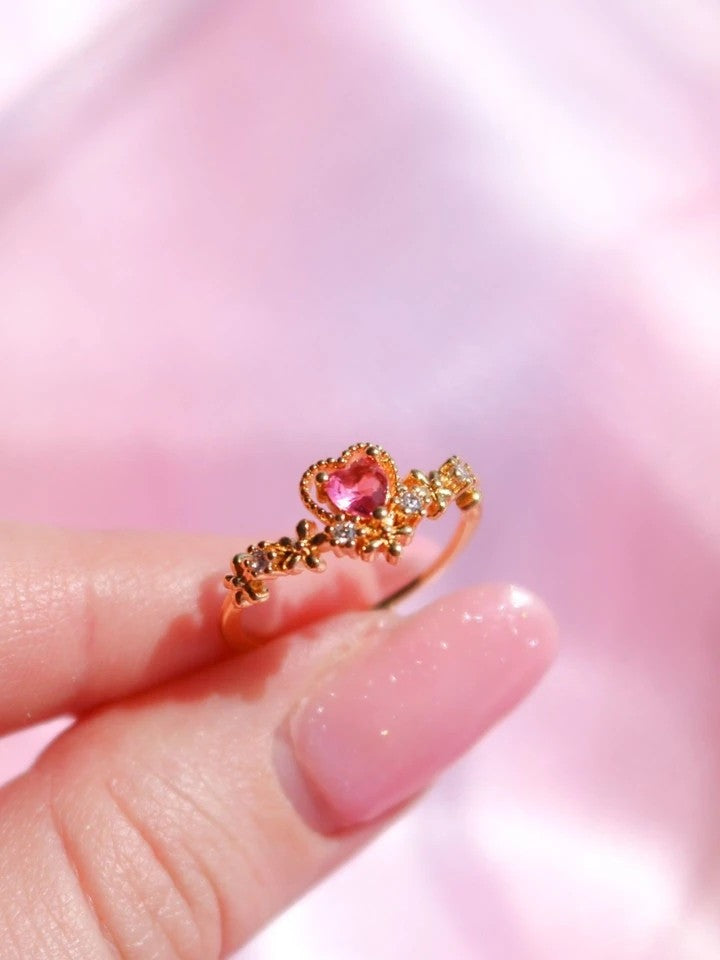 Minimal Flower Tiara With Heart Yüzük