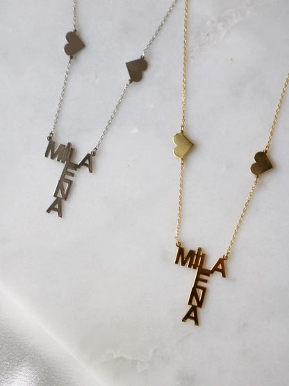 925 Silver Necklace With Two Names And Hearts