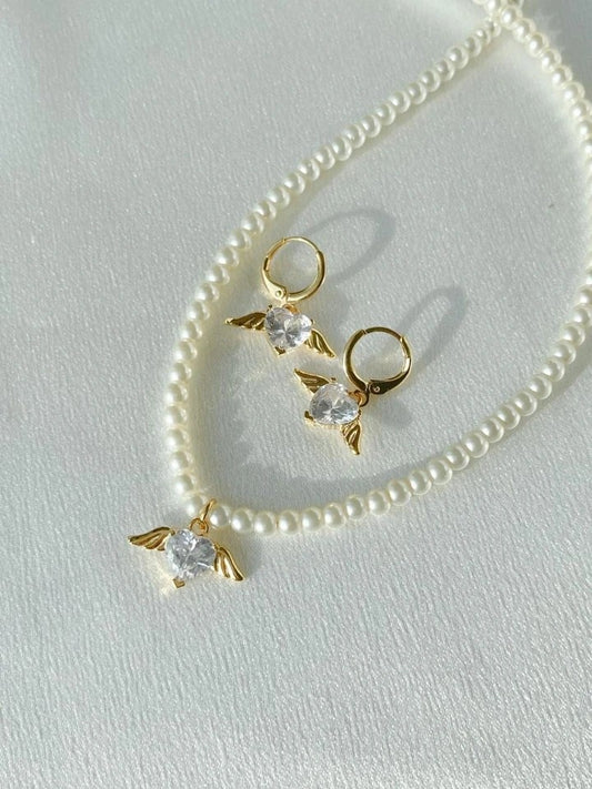 Glass Pearl Angel Heart Necklace