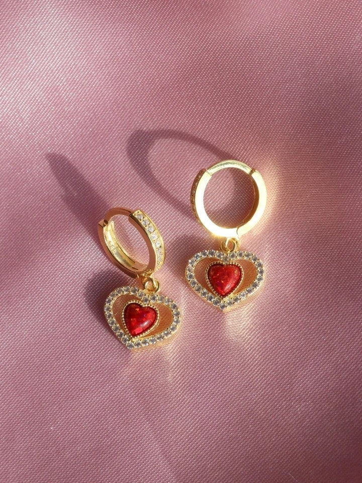 Red Opal Stone Heart Earrings 925 Silver