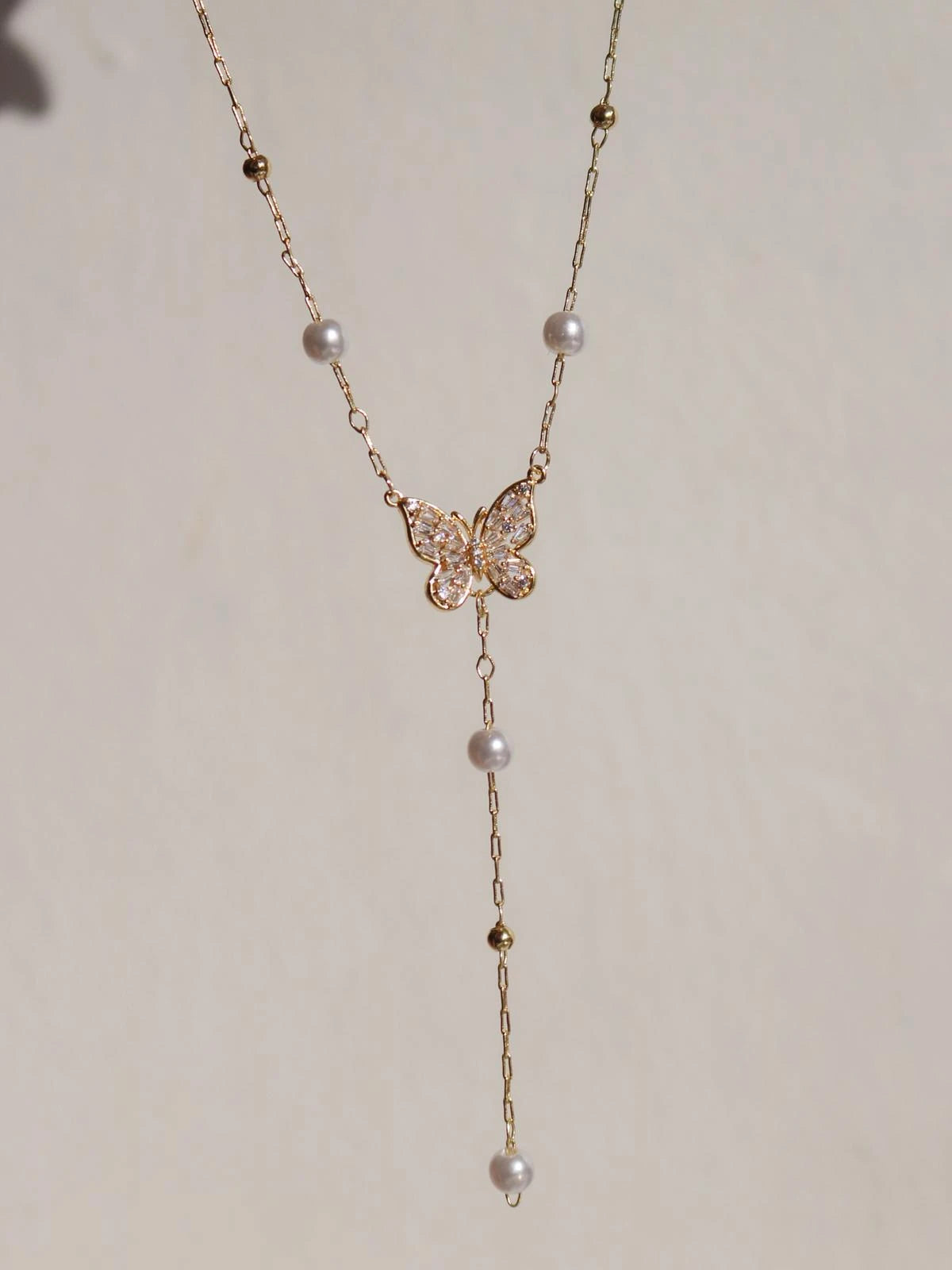 White Crystal Butterfly Y Necklace