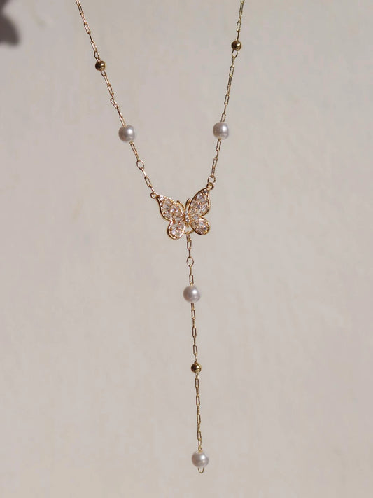 White Crystal Butterfly Y Necklace
