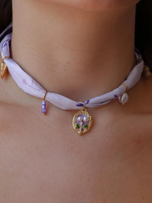 Purple Flower Scarf Steel Charm Necklace