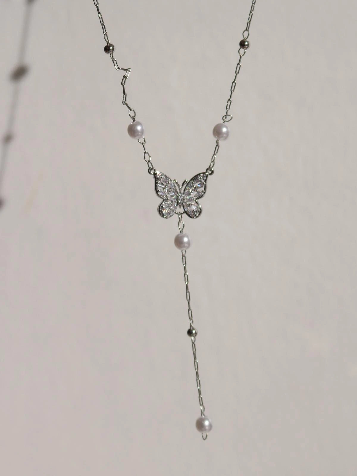 White Crystal Butterfly Y Necklace