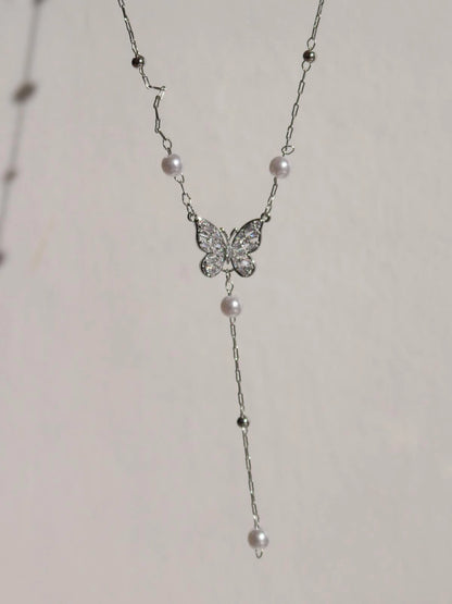 White Crystal Butterfly Y Necklace